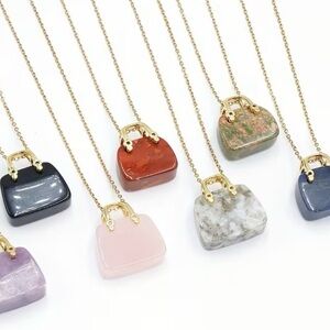 Natural Gemstone Handbag Pendent with Gold Plated 18’ Necklace-Choice of Stone